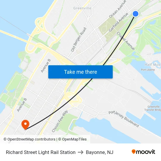 Richard Street Light Rail Station to Bayonne, NJ map