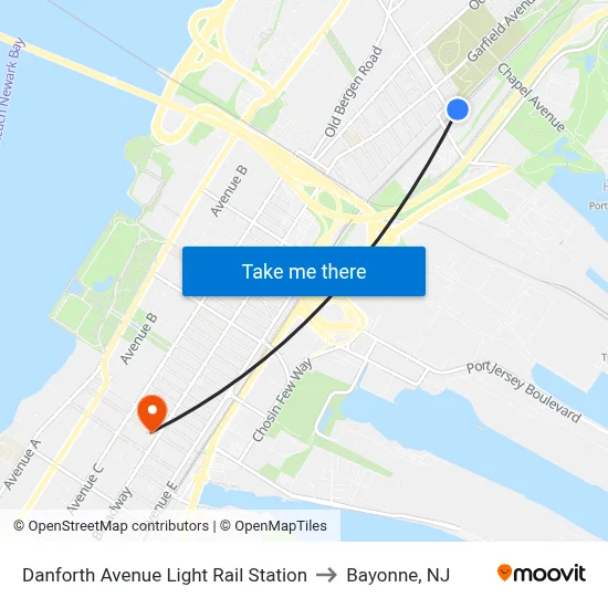 Danforth Avenue Light Rail Station to Bayonne, NJ map