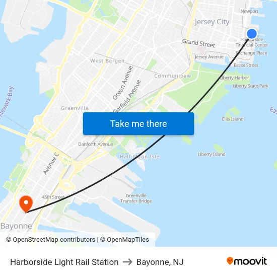 Harborside Light Rail Station to Bayonne, NJ map