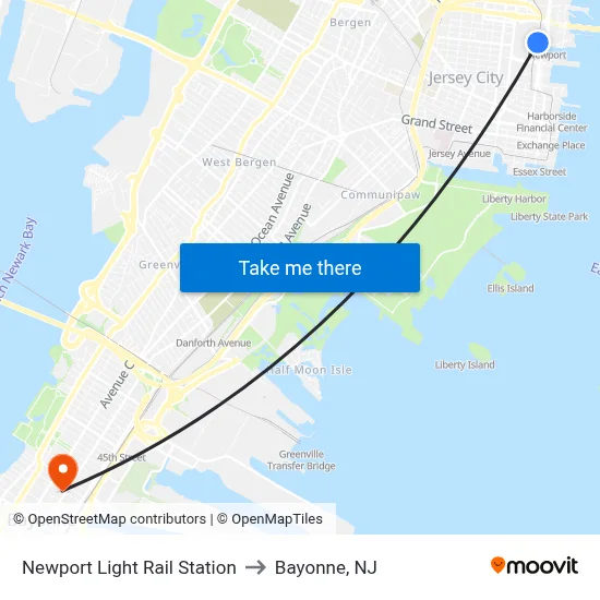 Newport Light Rail Station to Bayonne, NJ map