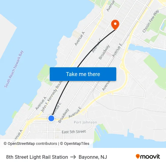 8th Street Light Rail Station to Bayonne, NJ map