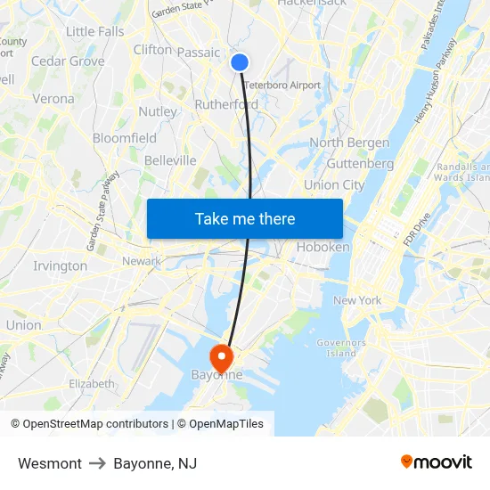 Wesmont to Bayonne, NJ map