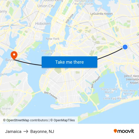Jamaica to Bayonne, NJ map