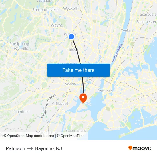Paterson to Bayonne, NJ map