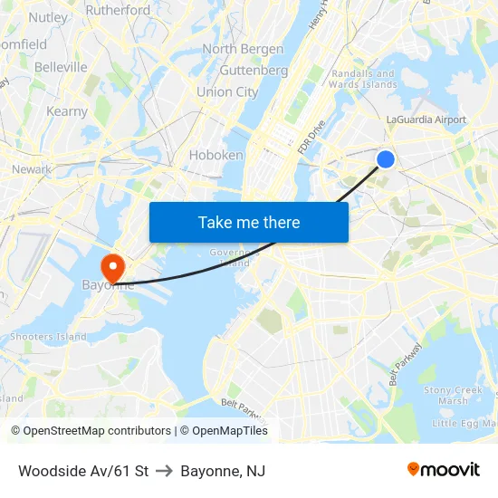 Woodside Av/61 St to Bayonne, NJ map