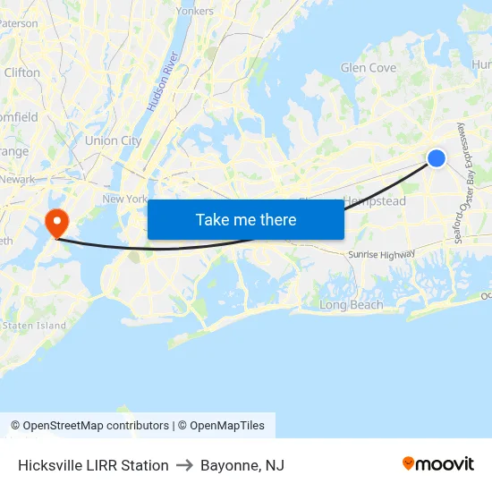 Hicksville LIRR Station to Bayonne, NJ map