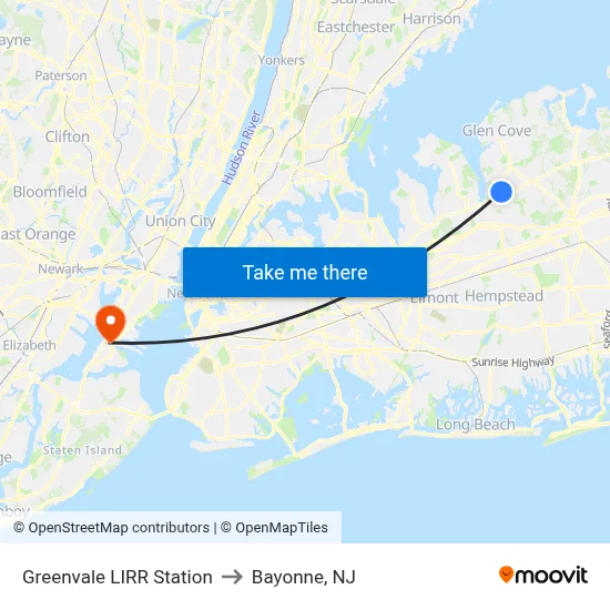 Greenvale LIRR Station to Bayonne, NJ map