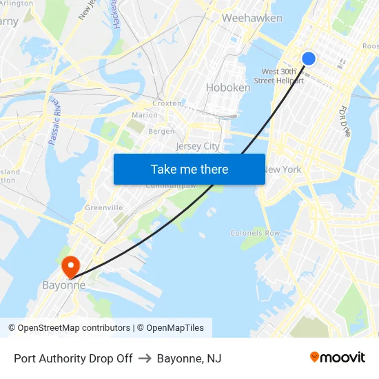 Port Authority Drop Off to Bayonne, NJ map