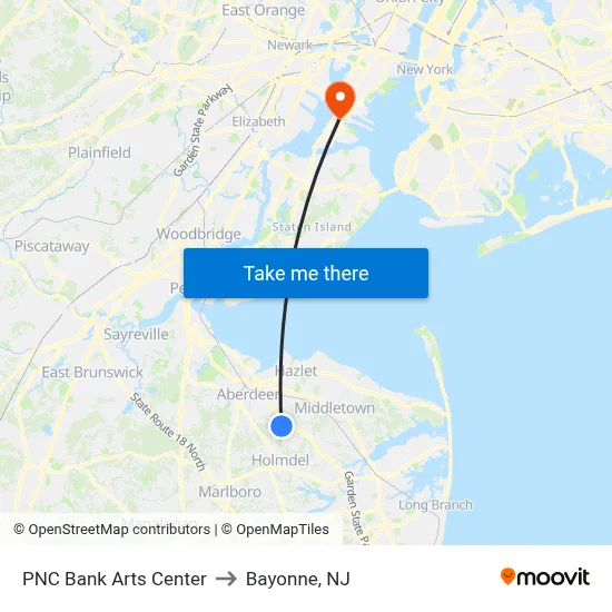 PNC Bank Arts Center to Bayonne, NJ map