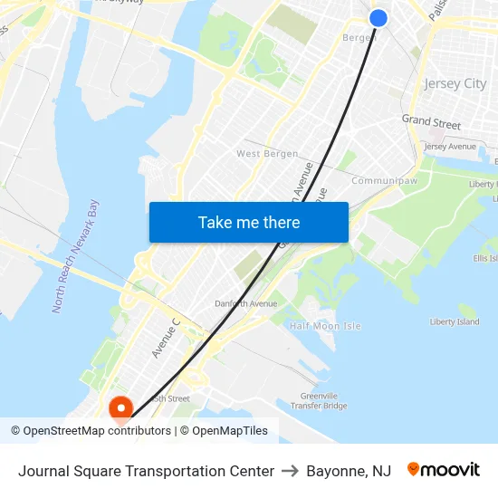 Journal Square Transportation Center to Bayonne, NJ map