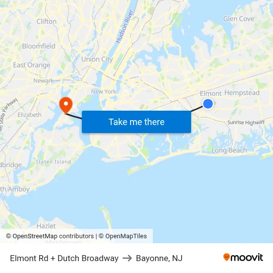 Elmont Rd + Dutch Broadway to Bayonne, NJ map