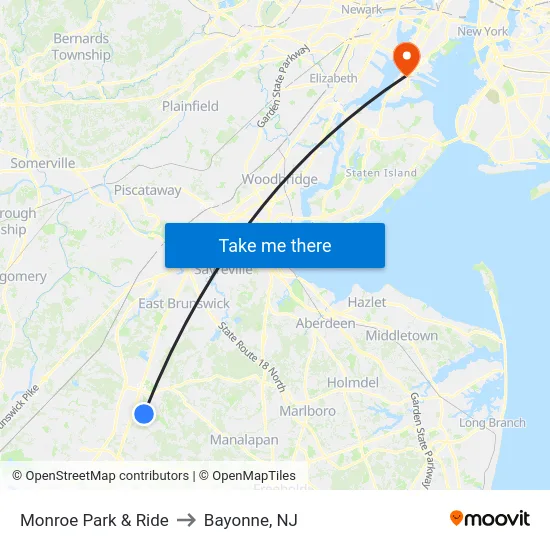 Monroe Park & Ride to Bayonne, NJ map