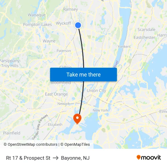 Rt 17 & Prospect St to Bayonne, NJ map