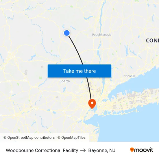 Woodbourne Correctional Facility to Bayonne, NJ map