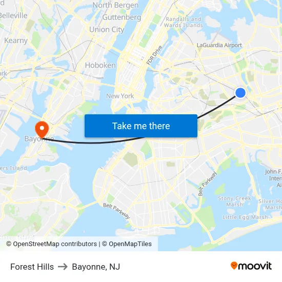 Forest Hills to Bayonne, NJ map