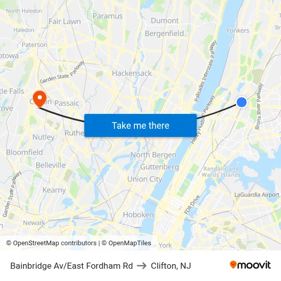 Bainbridge Av/East Fordham Rd to Clifton, NJ map