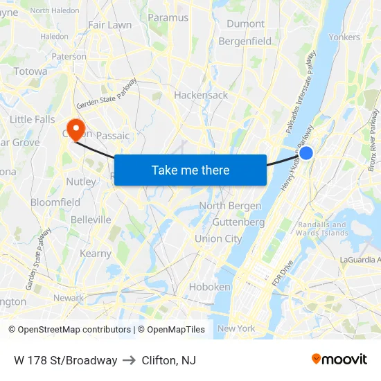 W 178 St/Broadway to Clifton, NJ map