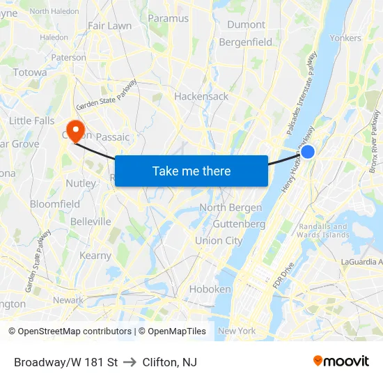 Broadway/W 181 St to Clifton, NJ map