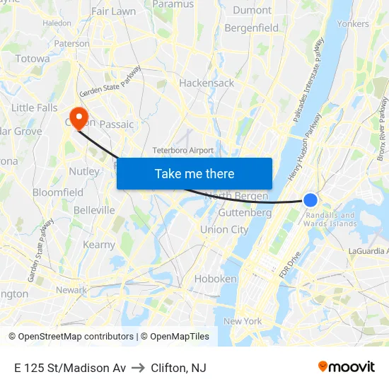 E 125 St/Madison Av to Clifton, NJ map