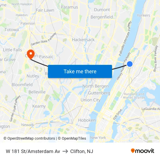 W 181 St/Amsterdam Av to Clifton, NJ map