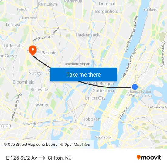 E 125 St/2 Av to Clifton, NJ map