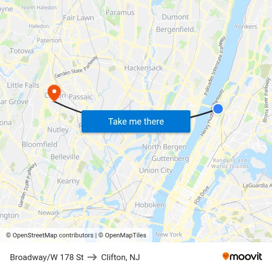 Broadway/W 178 St to Clifton, NJ map