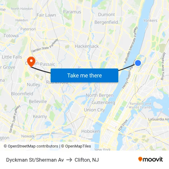 Dyckman St/Sherman Av to Clifton, NJ map