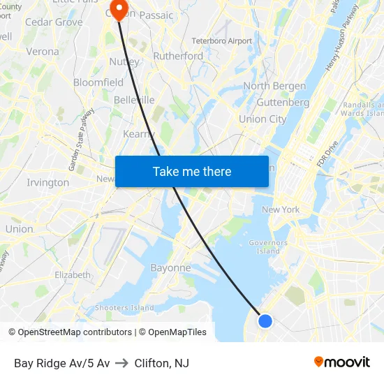 Bay Ridge Av/5 Av to Clifton, NJ map