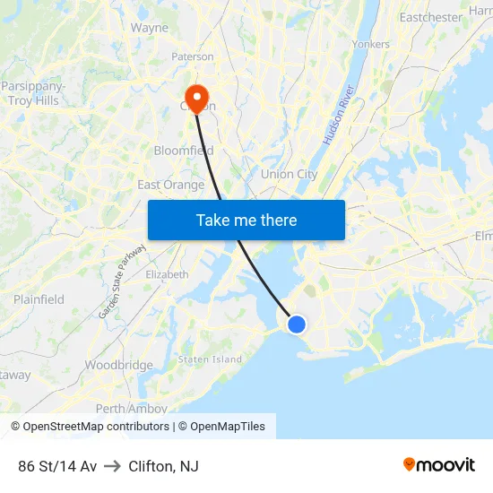 86 St/14 Av to Clifton, NJ map