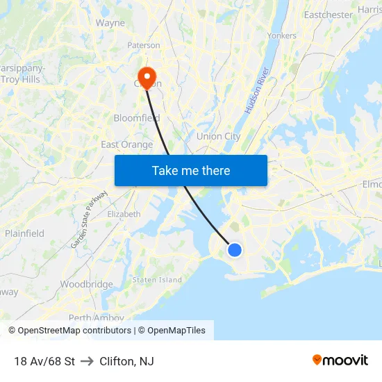 18 Av/68 St to Clifton, NJ map