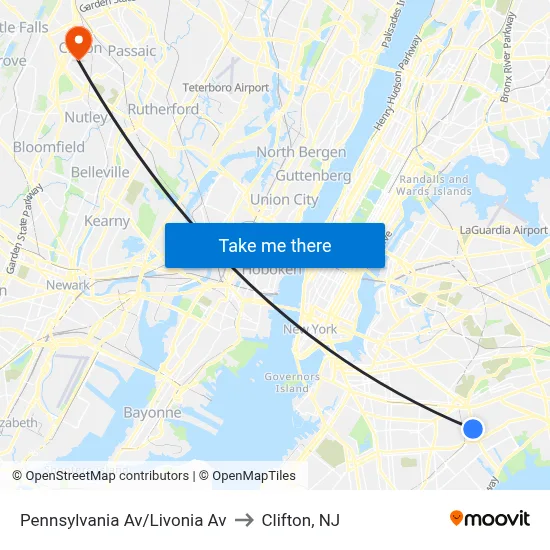 Pennsylvania Av/Livonia Av to Clifton, NJ map