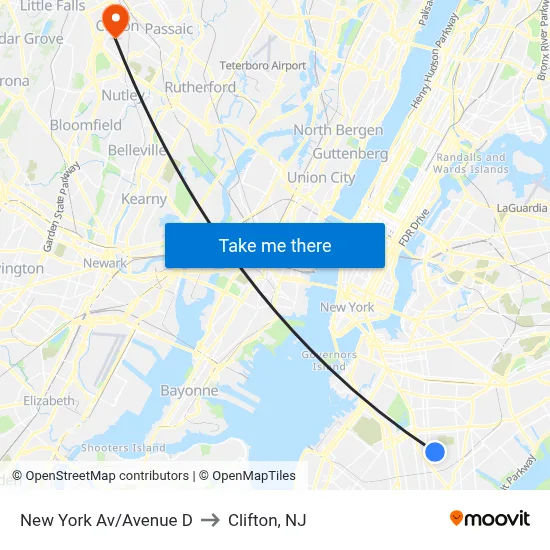New York Av/Avenue D to Clifton, NJ map