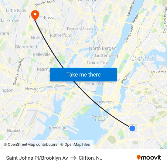 Saint Johns Pl/Brooklyn Av to Clifton, NJ map