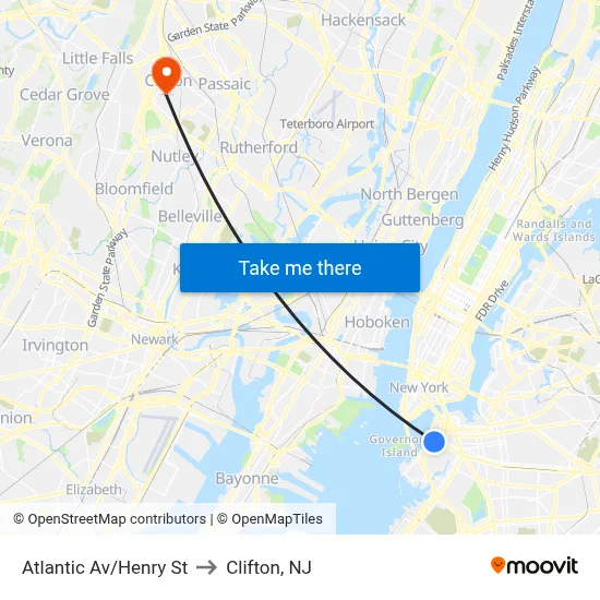 Atlantic Av/Henry St to Clifton, NJ map