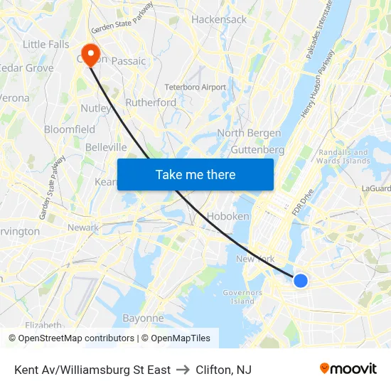 Kent Av/Williamsburg St East to Clifton, NJ map