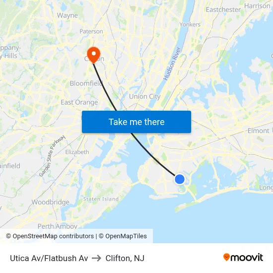 Utica Av/Flatbush Av to Clifton, NJ map