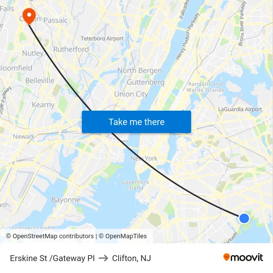 Erskine St /Gateway Pl to Clifton, NJ map
