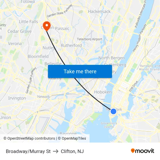 Broadway/Murray St to Clifton, NJ map
