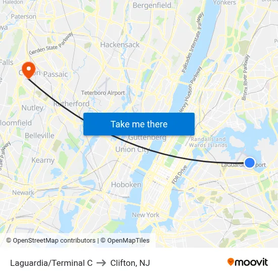 Laguardia/Terminal C to Clifton, NJ map