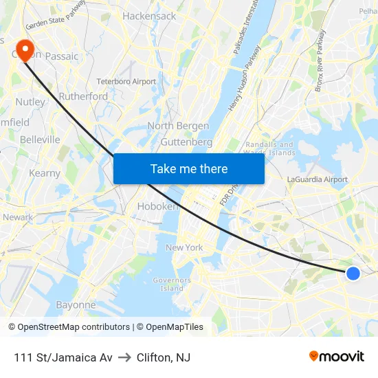 111 St/Jamaica Av to Clifton, NJ map