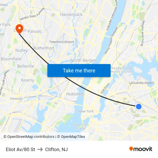 Eliot Av/80 St to Clifton, NJ map