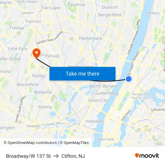 Broadway/W 137 St to Clifton, NJ map