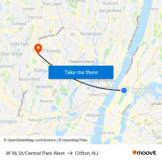 W 96 St/Central Park West to Clifton, NJ map