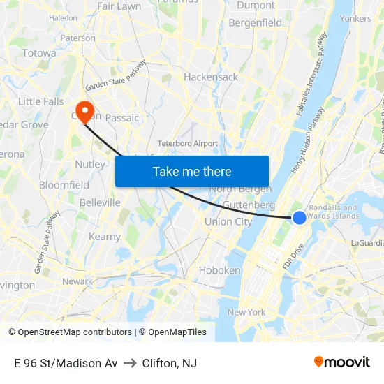 E 96 St/Madison Av to Clifton, NJ map