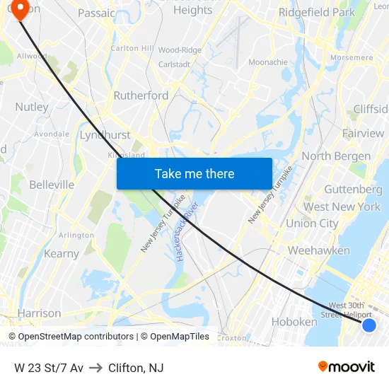 W 23 St/7 Av to Clifton, NJ map