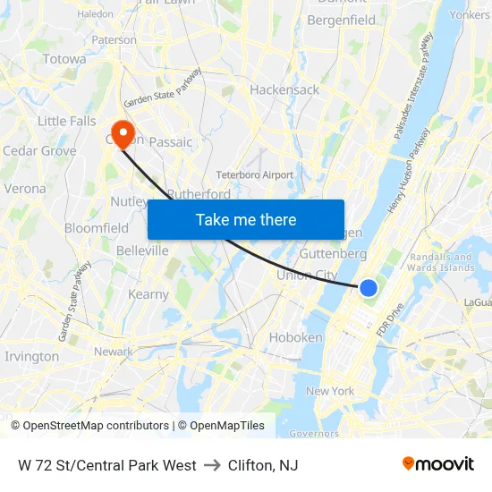 W 72 St/Central Park West to Clifton, NJ map