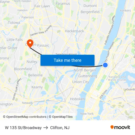 W 135 St/Broadway to Clifton, NJ map