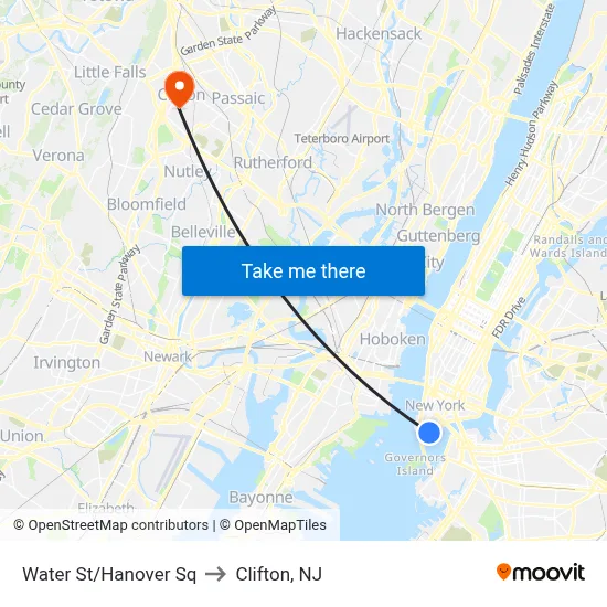 Water St/Hanover Sq to Clifton, NJ map