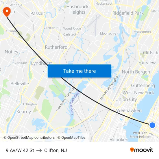 9 Av/W 42 St to Clifton, NJ map