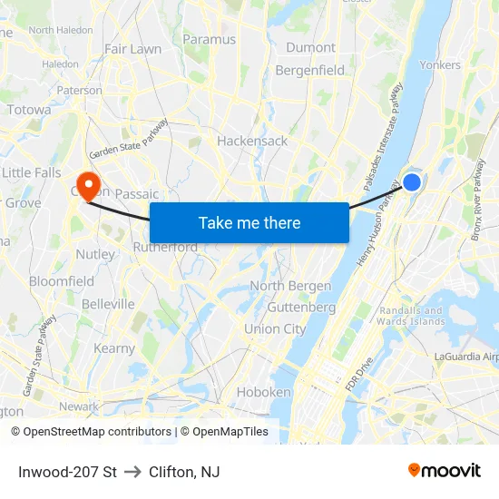 Inwood-207 St to Clifton, NJ map
